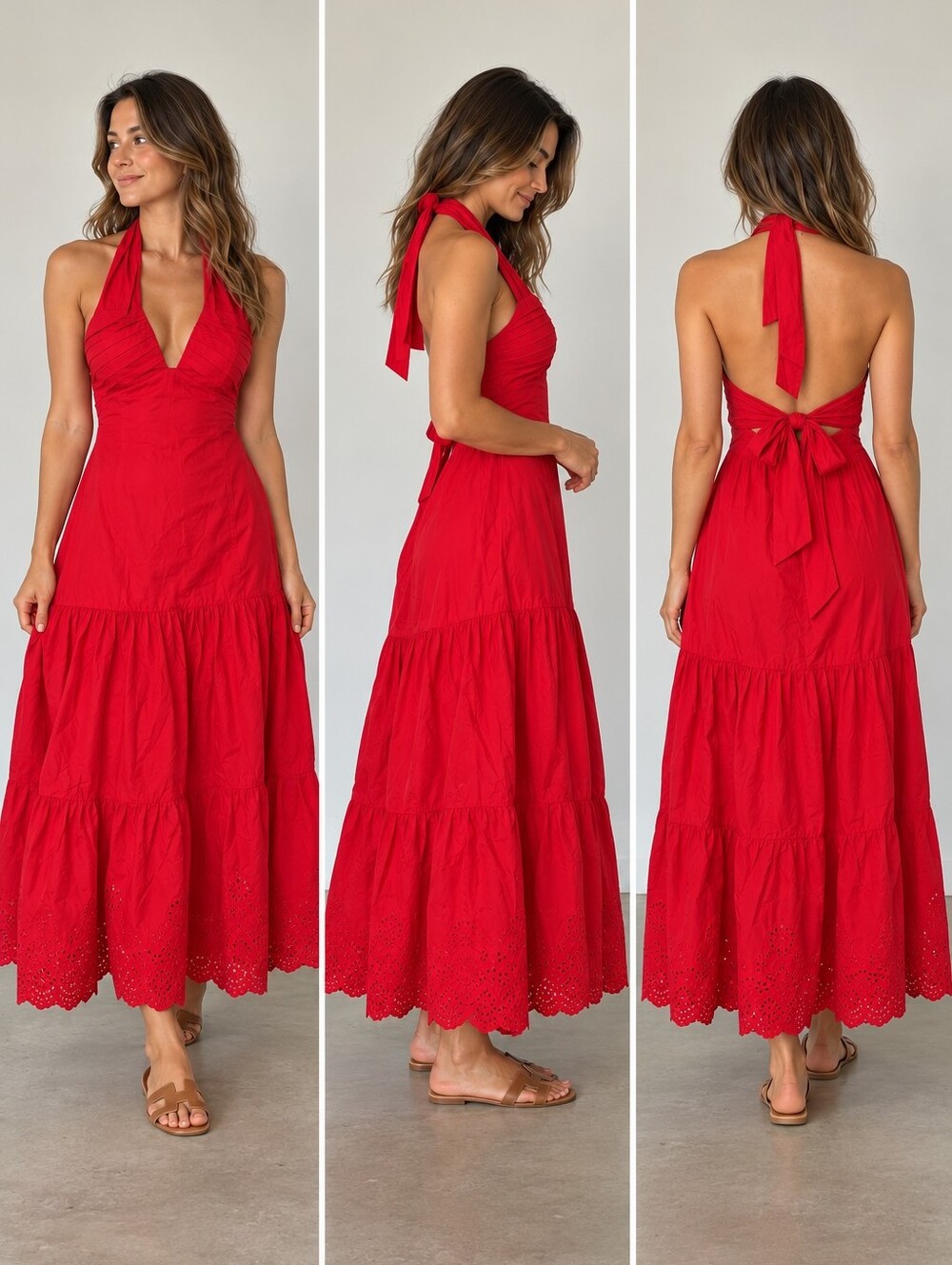 Jason Wu Cotton Halter Low Back Eyelet Maxi Dress sz L Red Resort Beach Chic